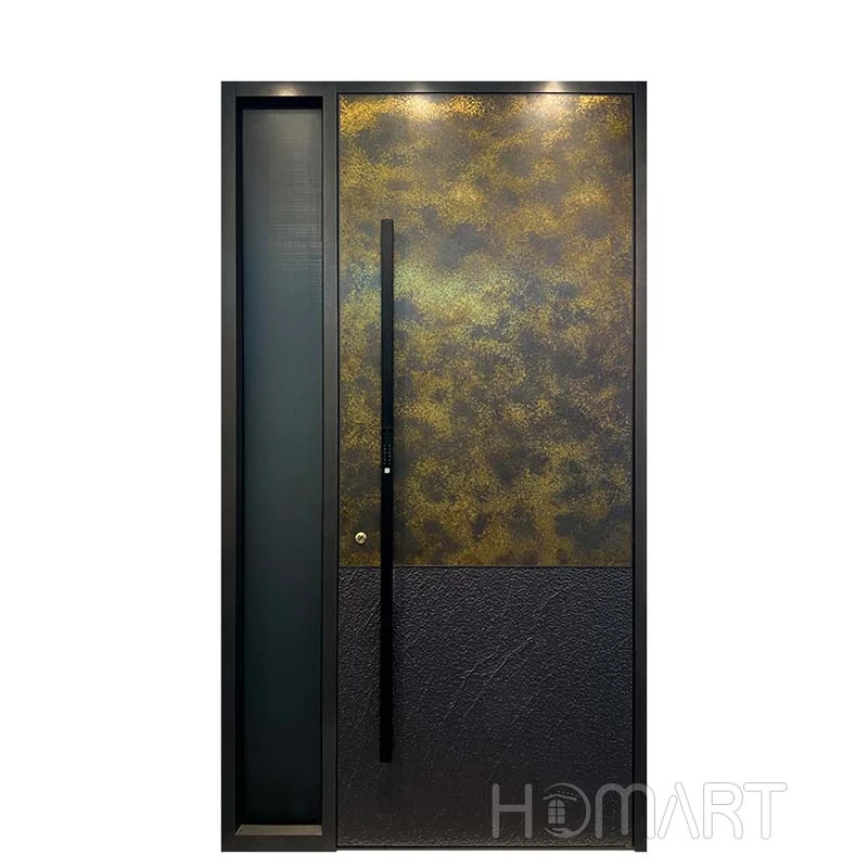 Bronze-coloured aluminum safty hinged door with black side panel