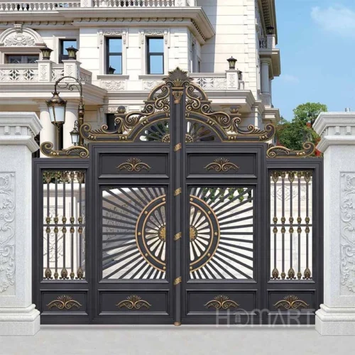 Economical Durable Black Dual Swing  Wrought  Iron Driveway Gates  Design for Villas