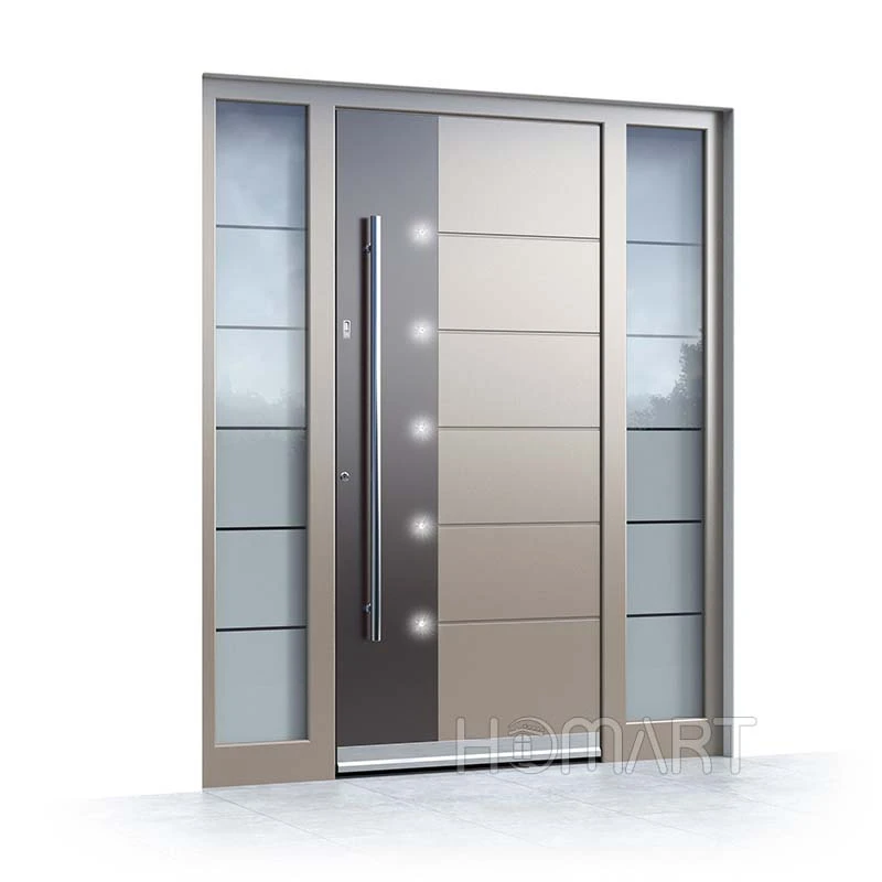 Heavy Duty Silver Aluminum Main Entrance Hinged  Door with two side tempered glass panel