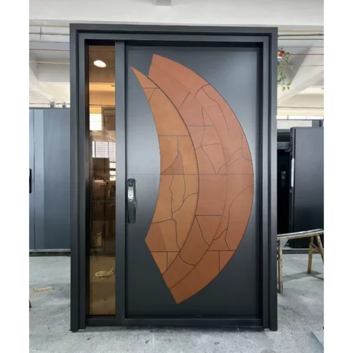 High-end Exterior Security Wood Grain Pivot Door with glass side panel High-end Exterior Security Wood Grain Pivot Door with glass side panel