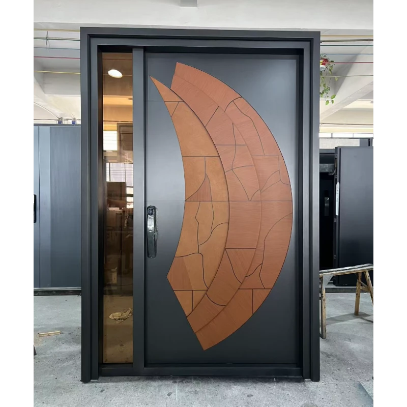High-end Exterior Security  Wood Grain  Pivot Door with glass side panel