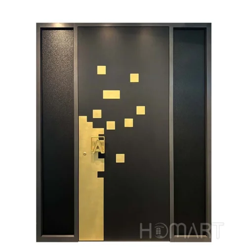 Minimalist Style Black Aluminum Waterproof Entrance hinged Door with special golden handle for villas Minimalist Style Black Aluminum Waterproof Entrance hinged Door with special golden handle for villas