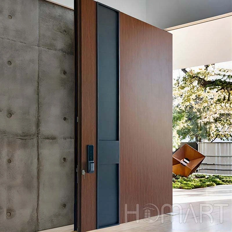 Minimalist Style  wood grain with unique handle aluminum  smart  entrance door