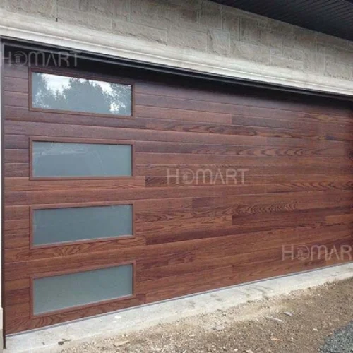 Modern Villa Exterior Design Automatic Walnut  Wood Look Dustproof  Garage Door with Feature Tempered Glass