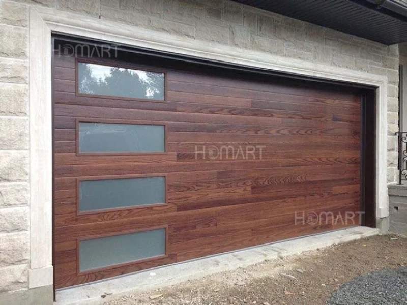 Modern Villa Exterior Design Automatic Walnut  Wood Look Dustproof  Garage Door with Feature Tempered Glass