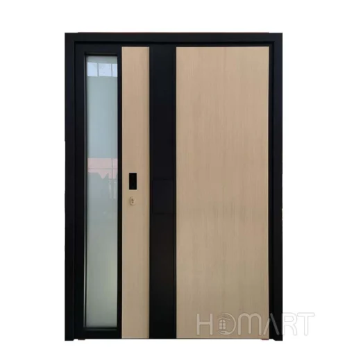 Simple wood grain aluminum alloy security hinge door with side-fixed glass panel