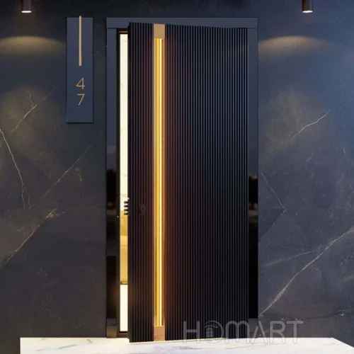 matte black grill security aluminum entrance door with LED warm light Matte black grill security aluminum entrance door with LED warm light